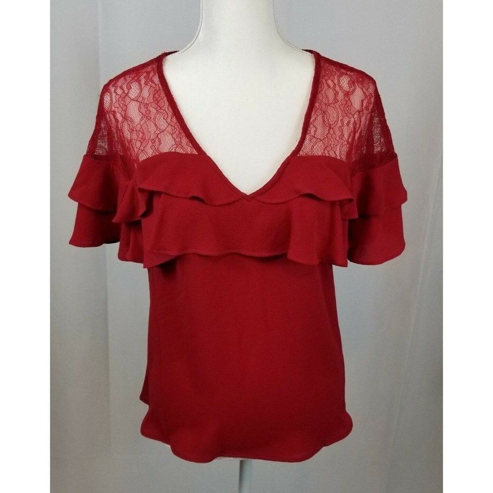 Candie's Women's Lace Yoke Ruffled Flutter Red Top Size X-Small Blouse, NWT